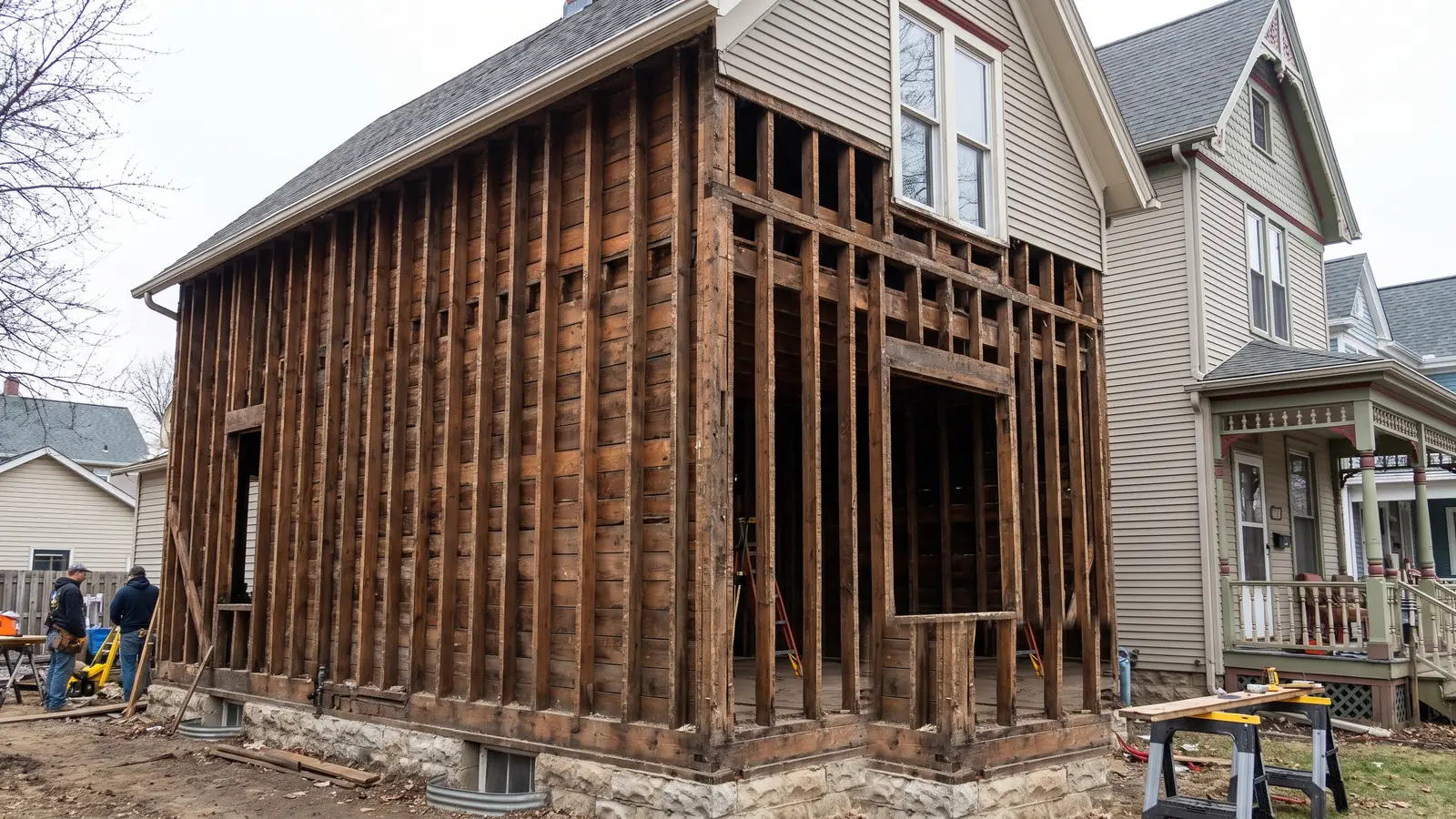 An older house stripped back to its frame, the wall studs running in one length from the sill plate to the roof