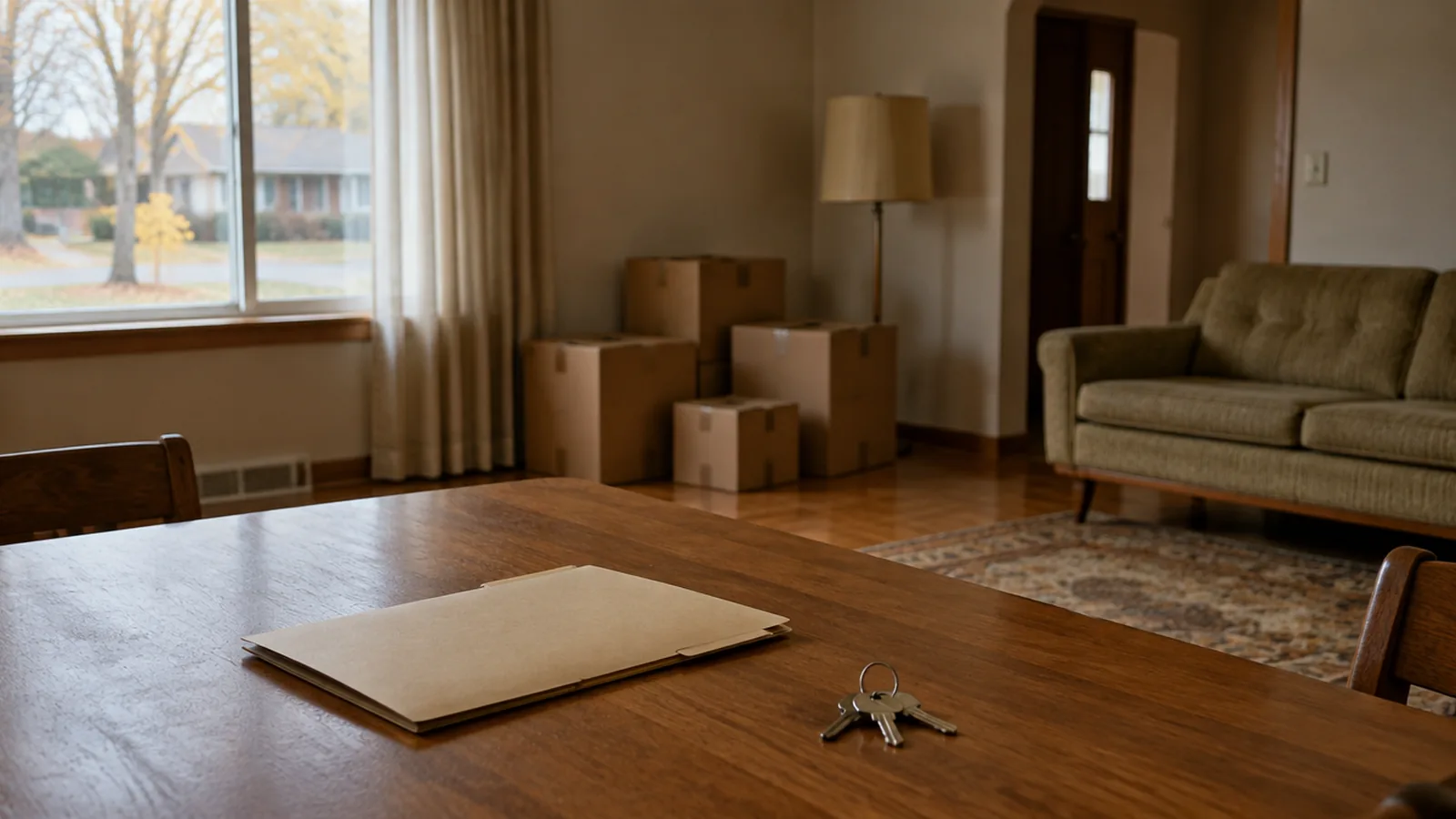 A file folder and a ring of house keys on a dining table in an emptied older bungalow, with packed boxes by the window
