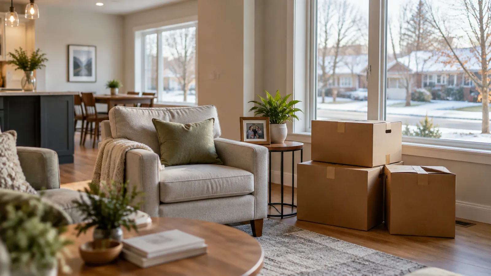 A bright living room in a smaller one-storey home with packed moving boxes by the window and a snowy residential street outside