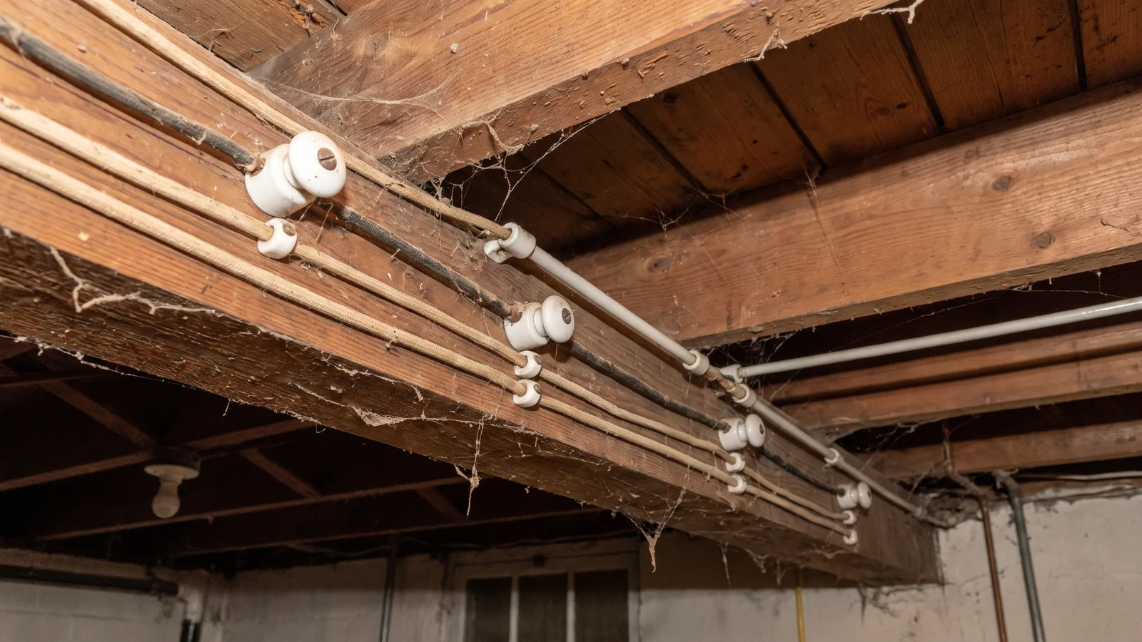 Original knob-and-tube wiring running through the floor joists of an older Edmonton basement