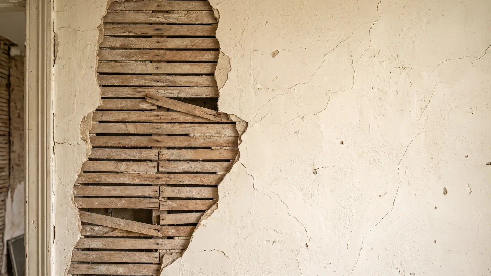 Wood lath exposed behind damaged plaster in an older Edmonton home