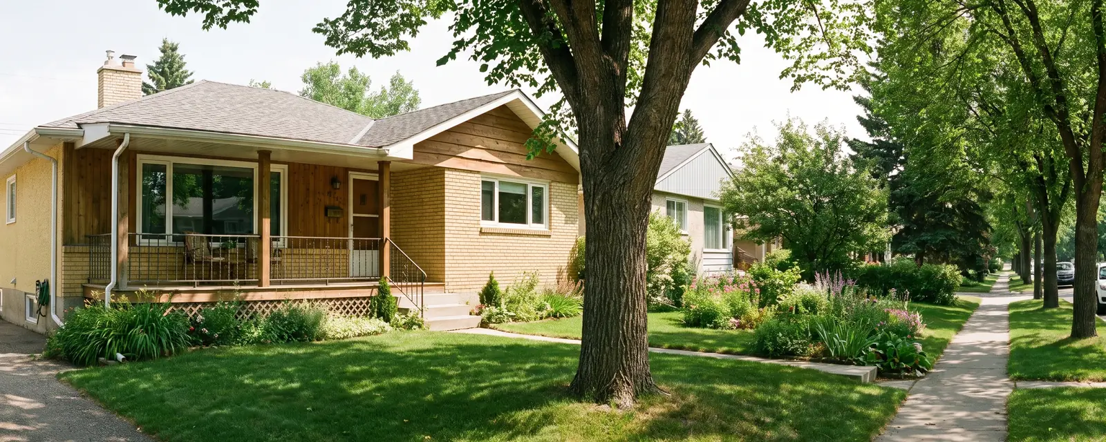 A yellow-brick bungalow with a covered front porch and flower beds, under a mature elm on a tree-lined Edmonton street