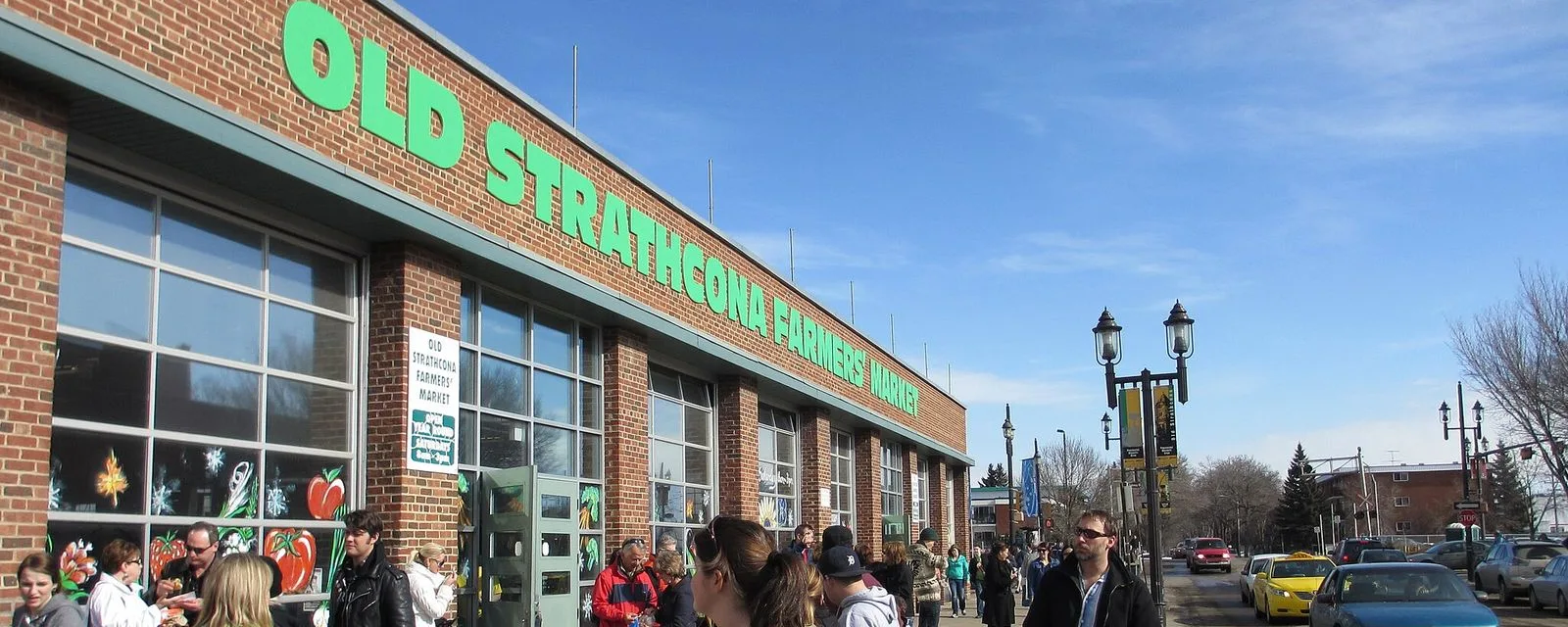 The Old Strathcona Farmers&rsquo; Market building on a clear day