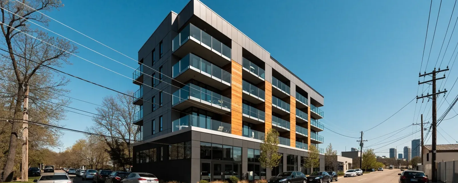 A modern brick-and-glass midrise on an Edmonton street