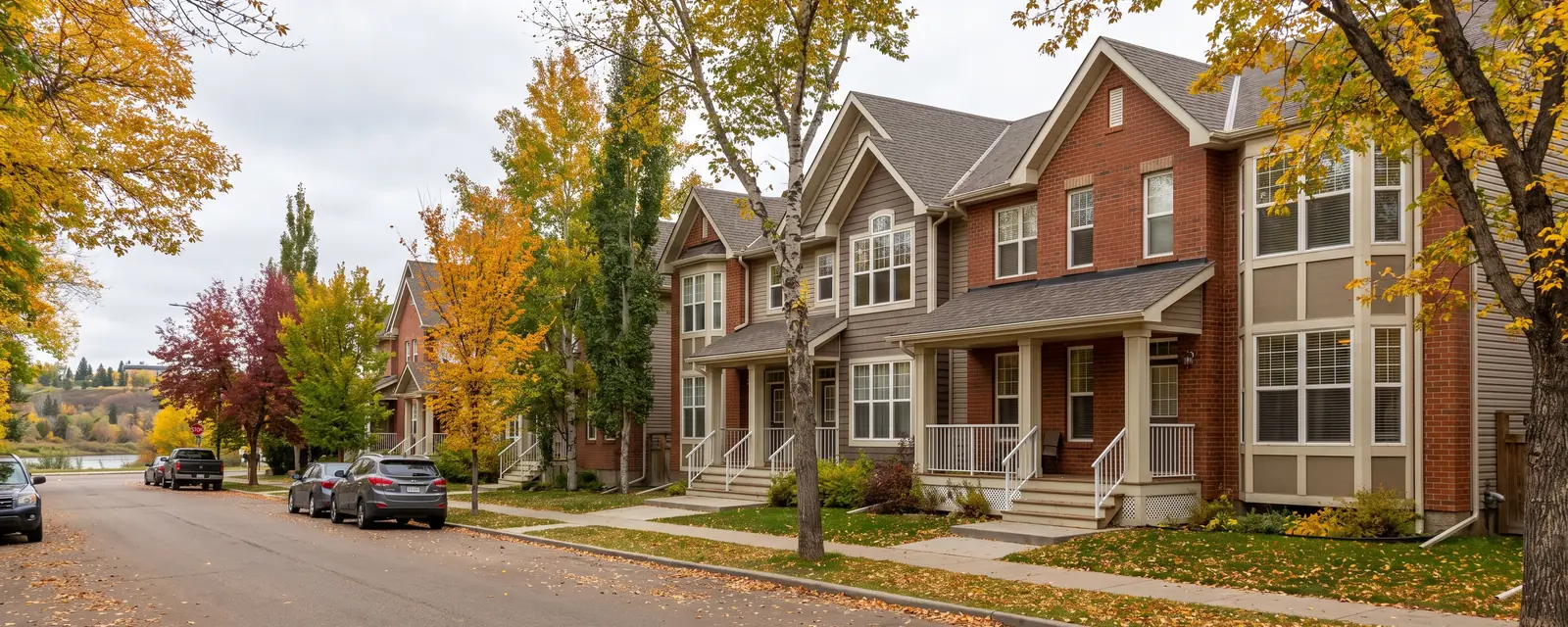 A row of brick and shingled townhouses with covered front porches on a tree-lined Edmonton street in autumn